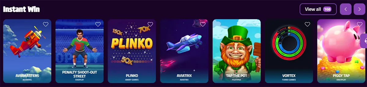 Instant Win casino lobby carousel showing game tiles (Aviamasters, Penalty Shoot-Out Street, Plinko, Aviatrix, Tap the Pot, Vortex, Piggy Tap) with heart favourites, “View all (168)” button, and navigation arrows on a purple gradient background.