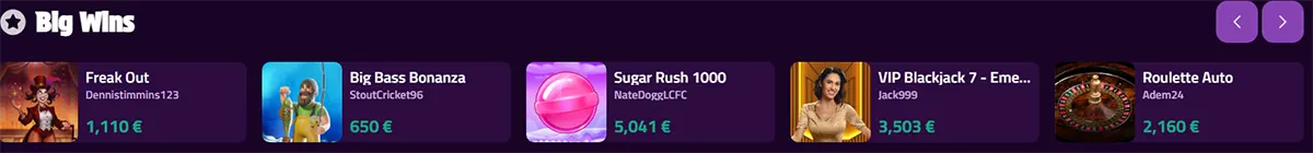 Big Wins carousel showing recent payouts: Freak Out (€1,110), Big Bass Bonanza (€650), Sugar Rush 1000 (€5,041), VIP Blackjack 7 (€3,503), and Roulette Auto (€2,160).