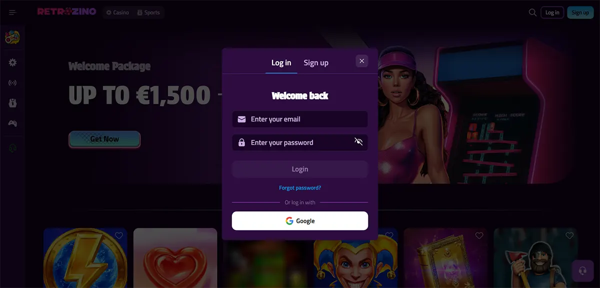 Retrozino casino login popup on a dark neon arcade-themed page, showing “Welcome back” with email and password fields, a Login button, “Forgot password?” link, and a Google login option.